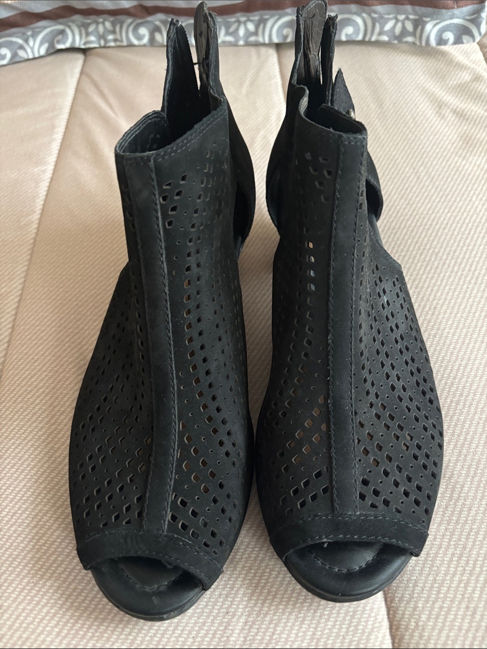 Earth Black Perforated Peep-Toe Block Heel Sandals